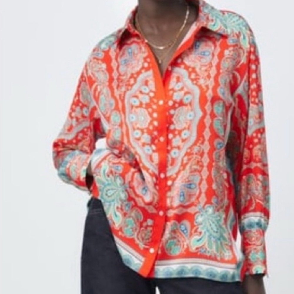 Zara Orange/Red Paisley Print Button-Up Top